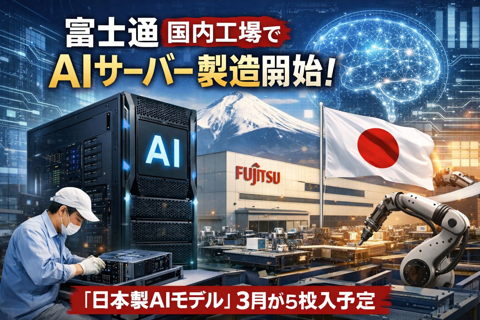 富士通、国内工場でAIサーバーの製造を開始!3月から「日本製AIモデル」を投入予定 記事のアイキャッチ画像