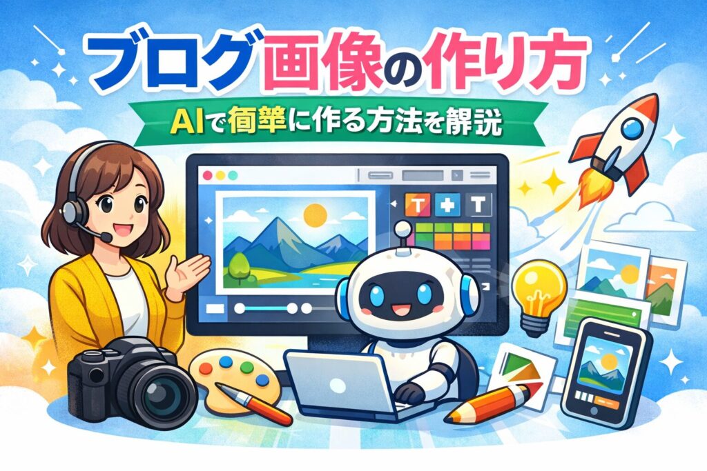 ブログ画像の作り方｜AIで簡単に作る方法を解説記事のアイキャッチ画像を描いてすべての日本語文字は正しく表示されるようにUTF-8エンコーディングを使用すること”